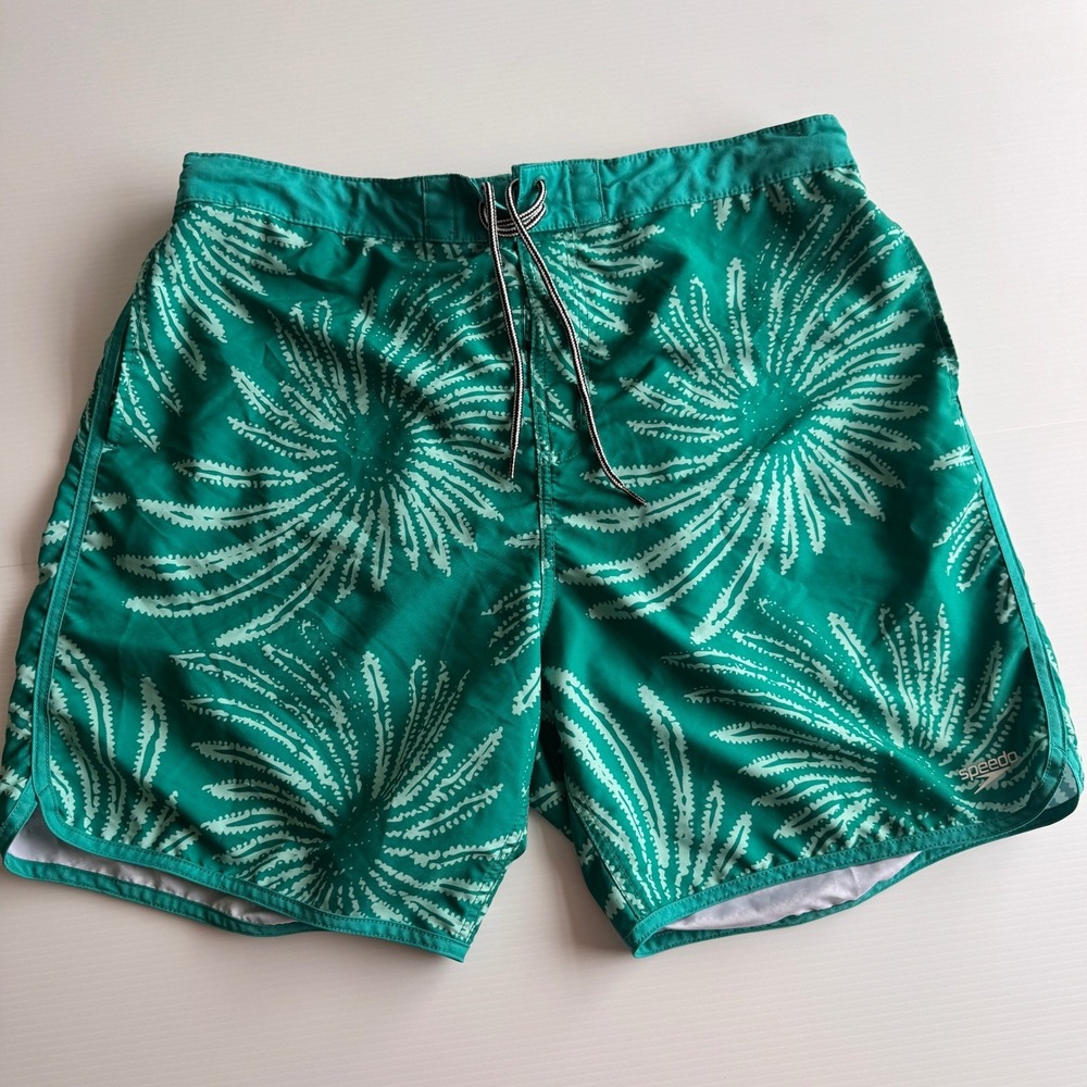 Speedo Mens Swim Trunks XXL Teal Green Palm Sunburst Print Board Shorts Beach